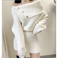 慕煜 MOIORYURE秋冬裙子2025新款韓國一字肩長(cháng)袖針織連衣裙女開(kāi)叉露肩包臀收腰毛 白色 均碼