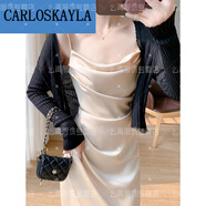 CARLOS KAYLA醋酸緞面連衣裙法式吊帶女秋季褶皺修身感氣質(zhì)名媛開(kāi)叉a字 黑色開(kāi)衫+香檳色吊帶連衣裙 M 85斤-100斤
