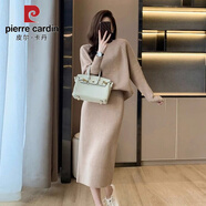 皮爾卡丹小香風(fēng)毛衣女秋冬季蝙蝠袖套頭針織衫兩件套半身裙修身開(kāi)叉過(guò)膝裙 卡其色 S 【建議95斤以下】