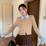 KAHTOP2025春秋新款學(xué)院風(fēng)POLO領(lǐng)假兩件拼接針織衫女毛衣開衫WTC 復(fù)古麻花刺繡杏色 均碼