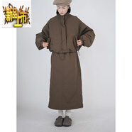 初徑立領(lǐng)工裝寬松長(cháng)袖棉衣外套中長(cháng)款半身裙女春季新款時(shí)尚兩件裝 咖色套裝 L 【建議100-120斤】