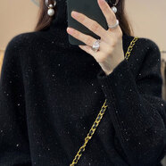 璇醇大碼高領羊毛衫200斤女胖mm裝堆堆領加厚毛衣亮絲寬松插肩袖針織 黑色 S