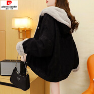 皮爾卡丹牛仔外套新款寬松加絨加厚牛仔衣2025羊羔絨百搭連帽慵懶棉衣 9860#純色款【黑色】 加絨 S 【建議80--100斤】