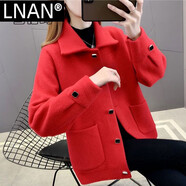 LNAN仿水貂毛外套女春秋新款韓版寬松百搭時尚小香風(fēng)針織開衫短款上衣 紅色_【高品質(zhì)】 2XL _建議120-135斤