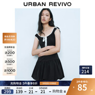 UR2025春季新款女裝撞色蕾絲飄帶U領(lǐng)無袖修身連衣裙UYY750014 黑色 (偏短) S