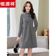恒源祥中年千鳥(niǎo)格毛呢裙子小個(gè)子女2025秋冬寬松顯瘦遮肚長(cháng)袖連衣裙女 黑灰 XL