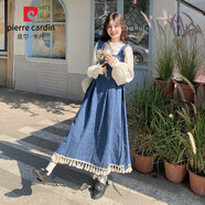 皮爾卡丹藍色復古牛仔背帶連衣裙2025春秋女穿搭減齡襯衫流蘇長(cháng)裙兩件套 白色襯衫+藍色背帶裙 （優(yōu)質(zhì)版） M （105-115斤）