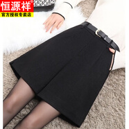 恒源祥黑色毛呢短褲女秋冬外穿冬天高腰冬季a字闊腿西裝加厚打底五分褲 黑色毛呢(甜美可愛(ài)無(wú)腰帶)五分短褲 S 建議：85-95斤