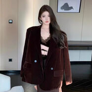 高級感絲絨套裝中長(cháng)款咖色西裝外套女秋冬季氣質(zhì)寬松休閑西服上衣 絲絨外套 S  80-100