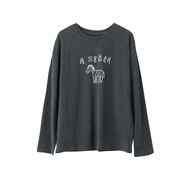 楠鸞【歐凡休閑小馬植絨印花圓領(lǐng)長(cháng)袖T恤女寬松顯瘦磨毛棉上衣 深灰色 均碼