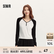 森馬（Semir）【云柔親膚】長(cháng)袖t恤女短款V領(lǐng)修身上衣24年新款插肩袖休閑薄外套 黑白色調00391 M