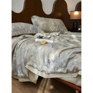 羅蘭家紡美式輕奢天絲夏涼被冰絲涼感可水洗印花空調夏被四件套 樹(shù)嶼 200*230cm夏被+150*200cm床笠+枕