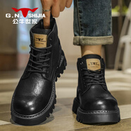公牛世家（G.N.Shi Jia）男鞋馬丁靴秋冬款厚底增高大頭工裝靴子高幫黑色短筒皮靴 黑色 39