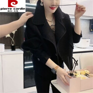 皮爾卡丹（pierre cardin）時(shí)尚仿羊絨短款媽媽大衣短外套新款洋氣雙面寬松收腰毛呢外套 黑色 L 110-120斤穿
