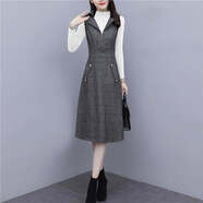 夏典素訂女王（SE.PSTP）單件/套裝背心裙女秋冬季毛呢格子無(wú)袖連衣裙外穿顯瘦中長(cháng)款a字裙 白色毛衣+圖片色連衣裙套裝 M 建議85-100