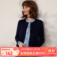 白鹿語春秋假兩件撞色針織衫圓領(lǐng)拼接單排扣長袖開衫女 藏藍拼藍1 L