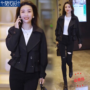 莫代爾短款風(fēng)衣外套女2025春秋季新款時尚百搭休閑流行西裝領(lǐng)工裝夾克 黑色 3XL
