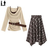:CHOCOOLATE  it女裝秋冬連衣裙設計感蕩領(lǐng)假兩件針織衫格紋高腰半身裙套裝女 卡其上衣+咖啡格裙 M