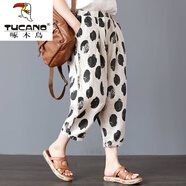 啄木鳥(niǎo)棉麻媽m媽褲文藝哈倫休閑褲薄款透氣復古時(shí)尚九分夏天亞麻松緊腰 文藝哈倫褲-黑白點(diǎn) 4XL 【建議130-135斤】