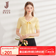 經(jīng)典故事（JANE STORY）經(jīng)典故事蝴蝶結(jié)系帶針織衫女2024夏季新款肌理感格紋上衣短袖小衫 黃色 XL