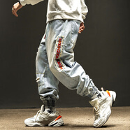 木清清破洞牛仔褲男款春秋潮牌ins潮流工裝褲春季休閑寬松束腳褲子秋季 藍色 M