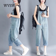 WVSW輕奢潮牌背帶牛仔九分褲女夏季2023新款韓版寬松減齡吊帶連體褲子 淺藍(lán)色 M【90-110斤】