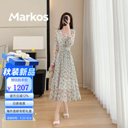 Markos藍色過(guò)膝長(cháng)袖雪紡碎花連衣裙女早春季2025新款v領(lǐng)氣質(zhì)顯瘦a字裙子 碎花 S 建議90-100斤
