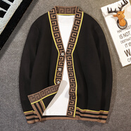 倉石一樹(shù)明星設計春冬新款潮條紋開(kāi)衫毛衣長(cháng)外套男士生百搭厚款打底針織衫 黑色 XL