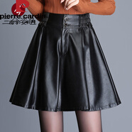 皮爾卡丹皮短裙女大擺裙2025秋季皮裙半身裙顯瘦百褶松緊高腰大碼A字傘裙 黑色 3XL 體重130-140