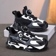 里奇.喬丹   RICKY JORDAN男童秋冬季運動(dòng)鞋2025新款童鞋旋轉紐扣防滑學(xué)生跑步鞋輕便老爹鞋 黑色 35