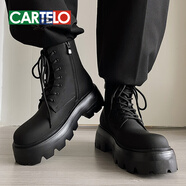 卡帝樂(lè )鱷魚(yú)（CARTELO）2025新款男鞋秋冬季加絨皮靴子厚底內增高英倫風(fēng)真皮高幫鞋馬丁靴 7726黑【四季款-5至35℃】 8厘米輕軟鞋底 37 偏大，相當于運動(dòng)鞋38碼