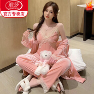 浪莎法式睡衣女秋冬季2024新款金絲絨三件套性感帶胸墊吊帶裙睡袍套裝 粉紅【三件套309款】 帶-胸墊 M 適合90-105斤