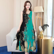 裴客年輕媽媽夏裝棉綢連衣裙女氣質(zhì)甜美大碼寬松無(wú)袖印花大擺沙灘裙子 4號色 XL 建議90110斤