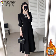 啄木鳥(niǎo)大碼胖mm黑色加絨連衣裙女秋冬新款法式顯瘦氣質(zhì)裙赫本風(fēng)裙子 黑色【保暖 好質(zhì)量】 1670-加絨 M 【建議80-100斤】