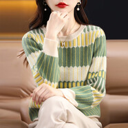 AEMAPE100%純羊毛圓領(lǐng)針織衫女2025秋冬新款寬松長(cháng)袖拼色加厚打底羊毛衫 抹茶綠 M 建議90-100斤