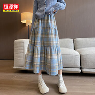 恒源祥甜美復古高腰a字傘裙顯瘦蛋糕裙女秋冬日系中長(cháng)款毛呢格子半身裙 藍格 S