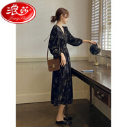 浪莎（LangSha）法式收腰加絨加厚長(cháng)袖連衣裙女春秋冬2025感雪紡碎花裙子 黑色 連衣裙 S