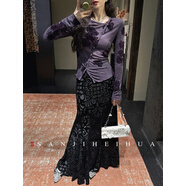 三吉黑花【枝棠】超好看的女2025新款冬絲絨壓花超彈魚(yú)尾半身裙 黛黑 M