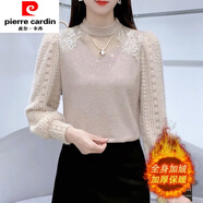 皮爾卡丹（pierre cardin）半高領(lǐng)燙鉆拼接加絨加厚蕾絲打底衫女秋冬新款長(cháng)袖針織小衫上衣 A1004茶色【保暖】 加絨 L 85-100斤