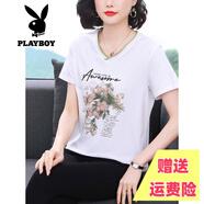 花花公子品牌白色短袖女寬松夏裝純棉半袖t恤40歲中年婦女大碼媽媽裝上衣 白色V領(lǐng) 2XL 【建議125-135斤】