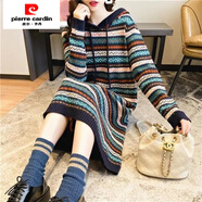 皮爾卡丹（pierre cardin）加絨加厚中長(cháng)款復古民族風(fēng)條紋過(guò)膝毛衣裙女寬松長(cháng)袖連帽套頭毛衣 藏青色【不加絨】 S 建議85-95斤