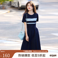 熙世界（sllsky）航海系撞色條紋連衣裙 裙子女夏季2025新款女裝休閑顯瘦收腰夏裝 學院藍 M