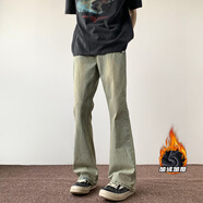 執琴之手大碼修身加絨牛仔褲男腿粗屁股大顯瘦顯腿長(cháng)褲子美式彎刀微喇褲 黃泥染 2XL