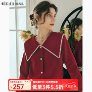 Olrain歐芮兒大翻領(lǐng)毛衣女春裝新款復(fù)古泡泡袖上衣 紅色 M