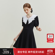 范思藍恩23FS12503蝴蝶領氣質拼接連衣裙女夏季法式小黑裙設計感 墨黑撞白 M