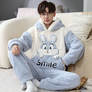 緣笛珊瑚絨睡衣男 冬季法蘭絨睡衣男卡通加厚青少年男士連帽珊瑚絨加 淺藍色 S9902兔子 M 小碼(80-100)斤