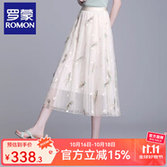 羅蒙（ROMON）半身裙2025春夏新款復(fù)古刺繡網(wǎng)紗中長款顯瘦氣質(zhì)仙女裙百褶a字裙 杏色 均碼  腰圍1尺9~2尺5