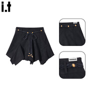 :CHOCOOLATE  it女裝秋冬連衣裙設計感鏤空長(cháng)袖針織衫麂皮絨半身短裙女士套裝 黑色裙 XL