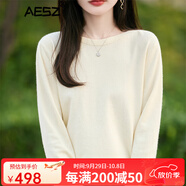 AESZ羊絨衫女100%山羊絨新款圓領(lǐng)秋冬打底衫內(nèi)搭針織衫洋氣上衣毛衣 米白色 L 【建議110-120斤】