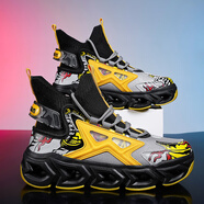 絳天（jiangtian）大碼運(yùn)動(dòng)男鞋秋冬網(wǎng)面初中生減震刀鋒跑鞋男款青少年高中生跑步鞋 黑黃 39